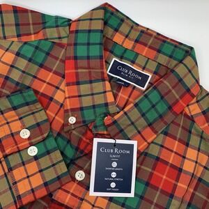 NEW Club Room Mens Plaid Shirt Long Sleeve Slim Fit Button Up Orange Green Large